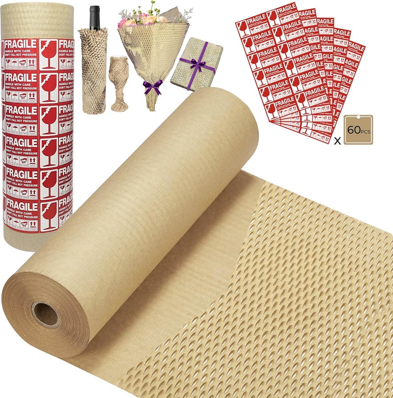 Pordrick Honeycomb Packing Paper Wrap 15''x265', Substitute Alternative for Bubble Cushioning Wrap for Moving Shipping Packaging, Recyclable Moving Supplies with 60 Fragile Sticker Labels - Image 1